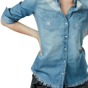 Express Boyfriend Distressed Chambray Top size small.